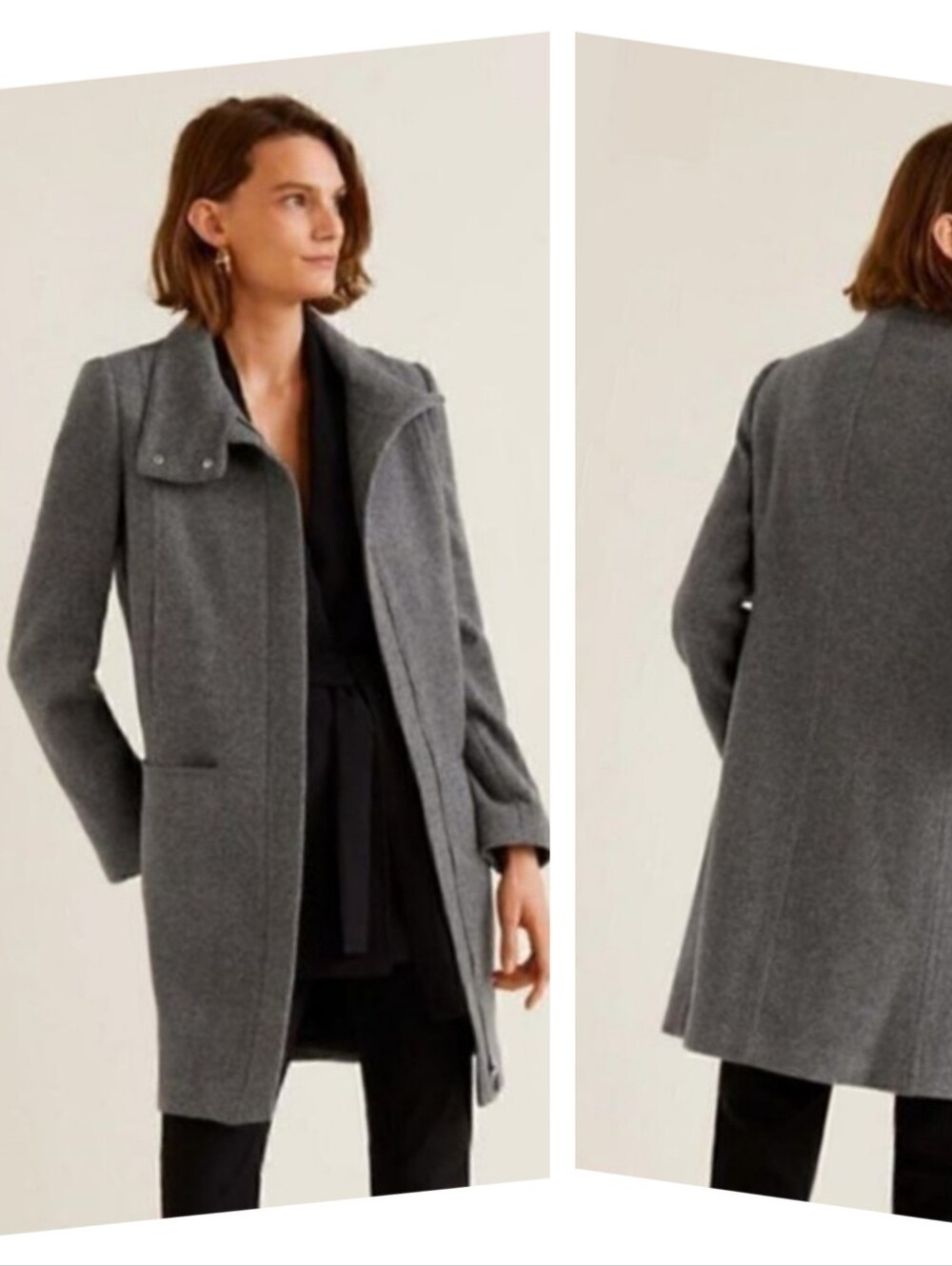 Mango Funnel Neck Wool Blend Coat Grey Size S